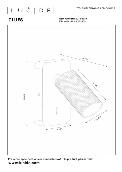 Lucide CLUBS - Lámpara de cabecera / Lámpara de pared - 1xGU10 - Negro - técnico